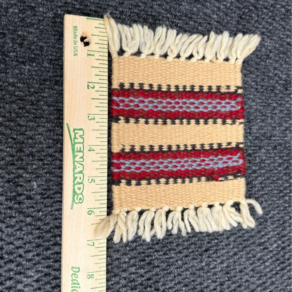 Vintage Southwestern Hand Woven Wool Coasters Set of 8 Mini Rugs Fringed Boho